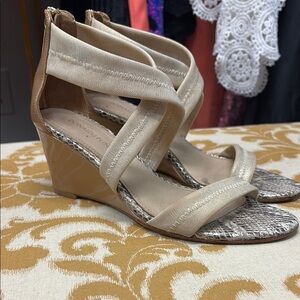 Donald J. Pliner Cream and Brown Wedge Sandals with Ankle Strap